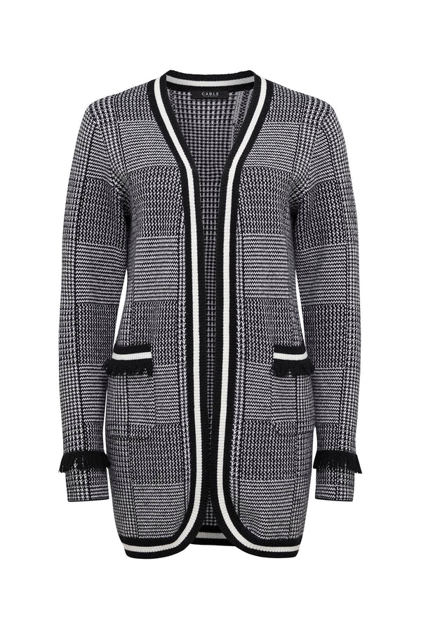 Houndstooth Fringe Cardigan - Black/White