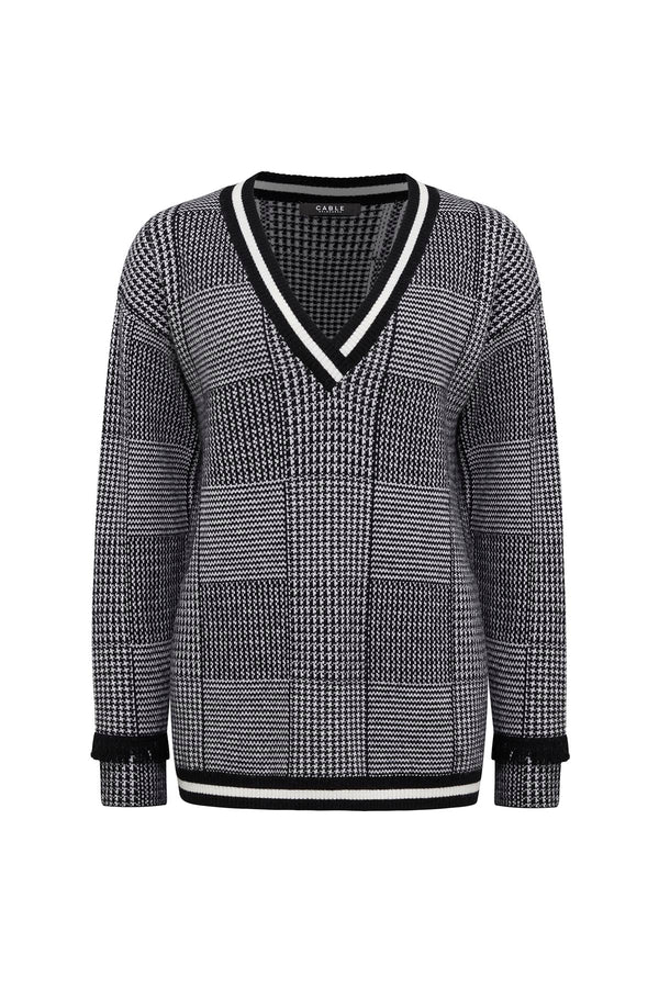 Houndstooth Fringe Jumper - Black/White