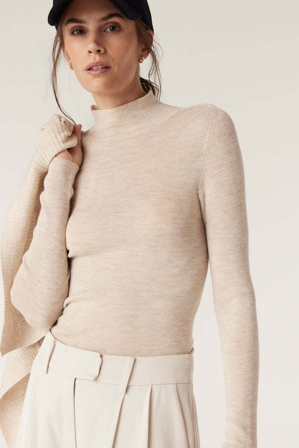 Superfine Merino Wool Turtle Neck Top - Oatmeal