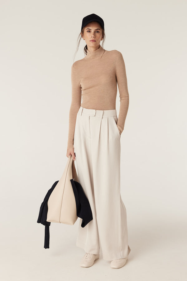 Superfine Merino Wool Turtle Neck Top - Latte