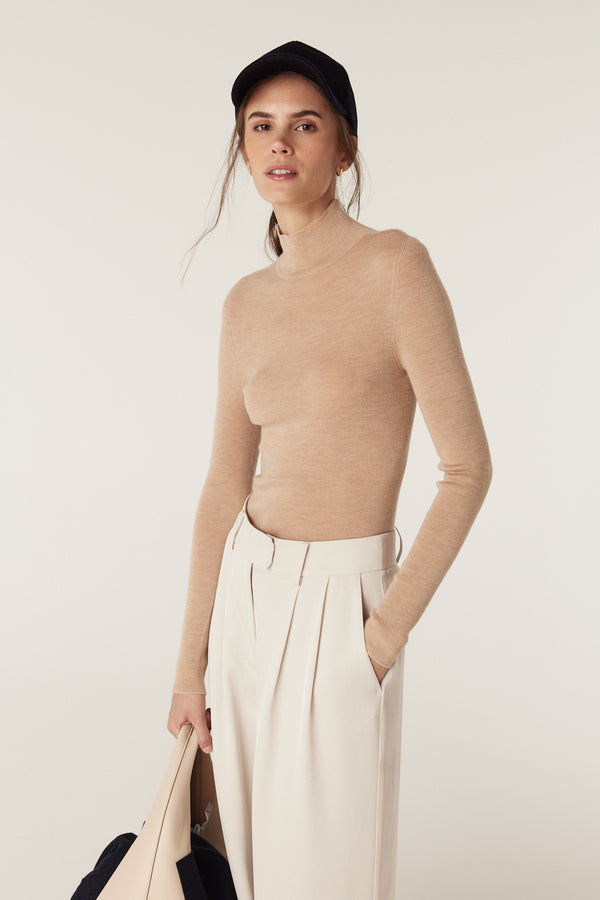 Superfine Merino Wool Turtle Neck Top - Latte